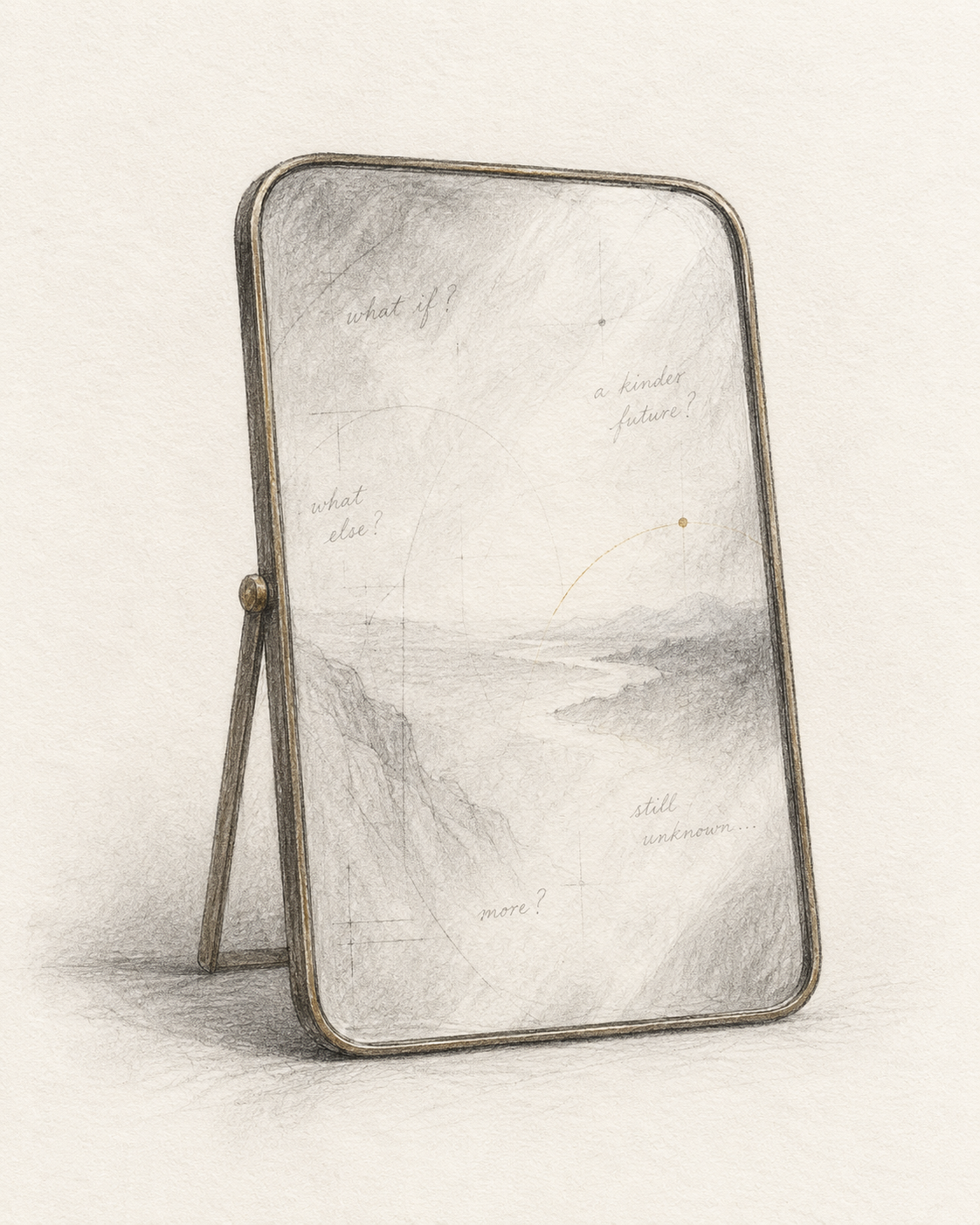 Graphite illustration of a simple mirror containing fragments of inquiry, connecting lines and an unfinished horizon, with subtle gold details and no human reflection