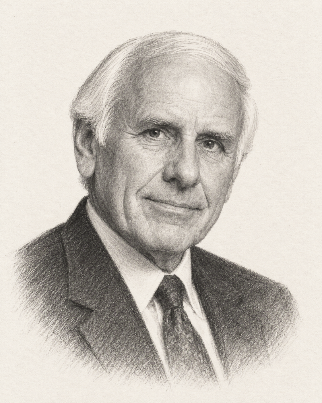 Interpretive pencil portrait of Jim Rohn in a suit and tie